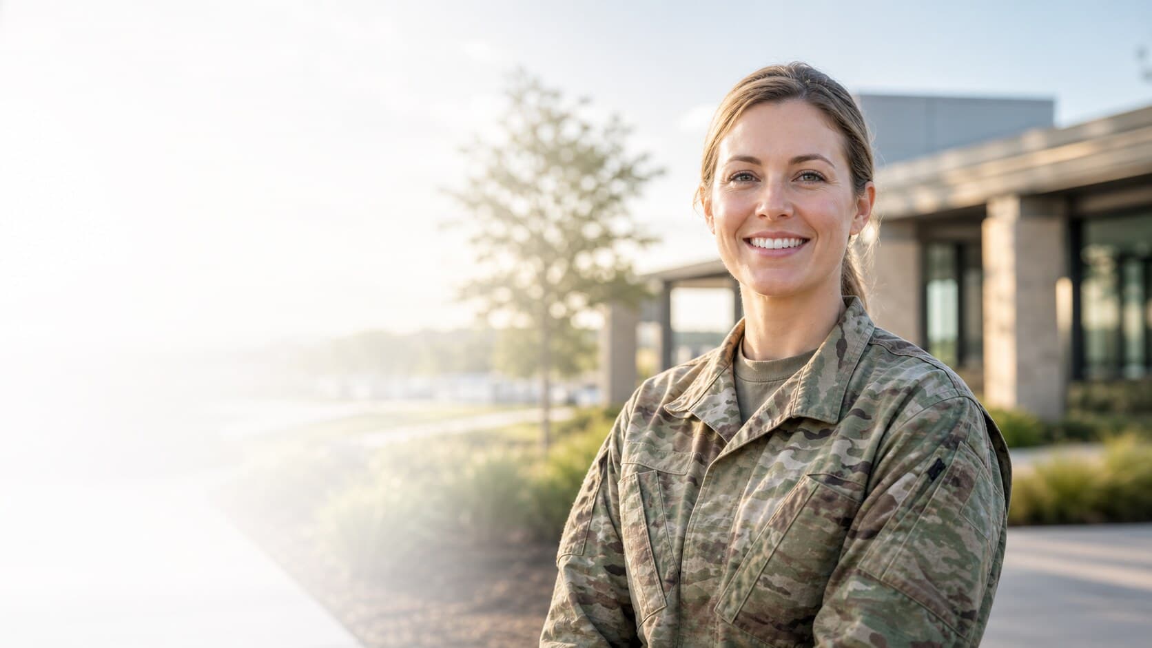 Smiling female service member in uniform outside a community building